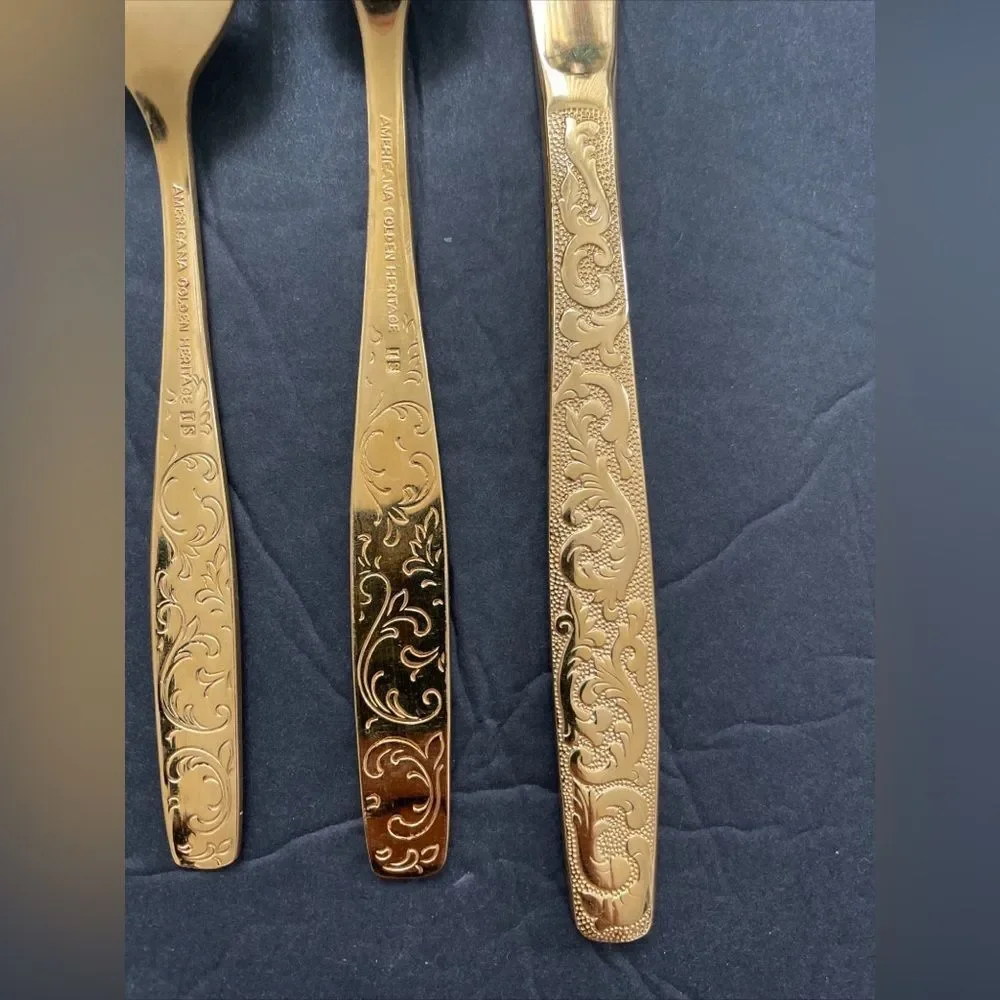 Americana Golden Heritage Golden Scroll 3 piece Flatware Set Dinner Fork& knife